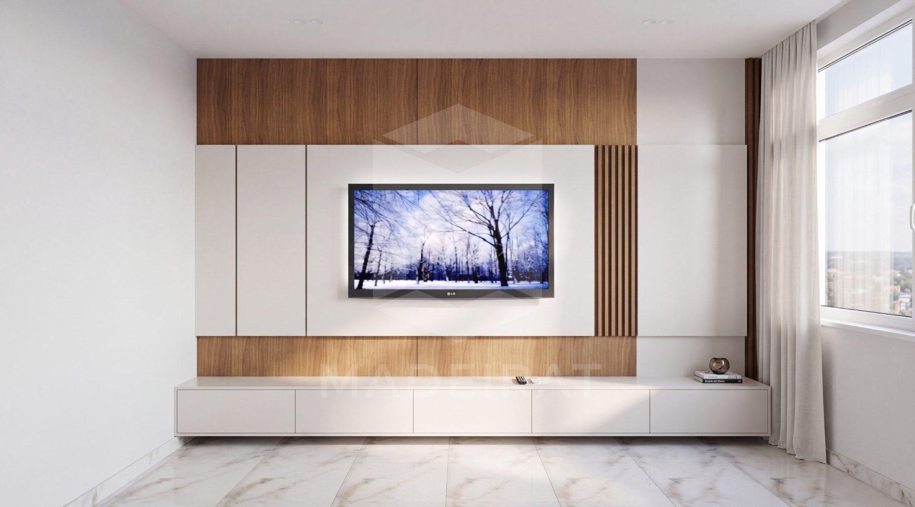 Sala com painel de TV e faixas de madeira