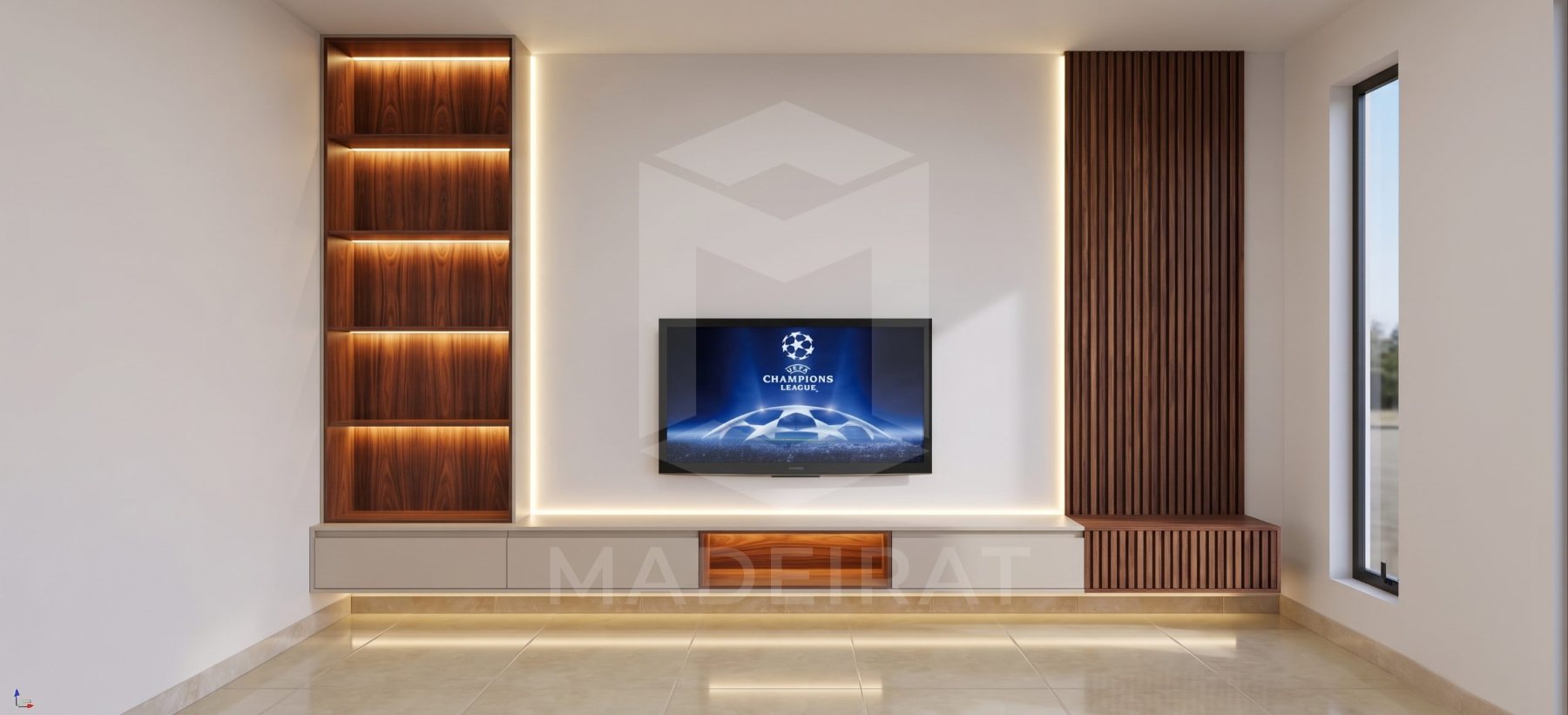 Sala com painel de TV e ripado de madeira