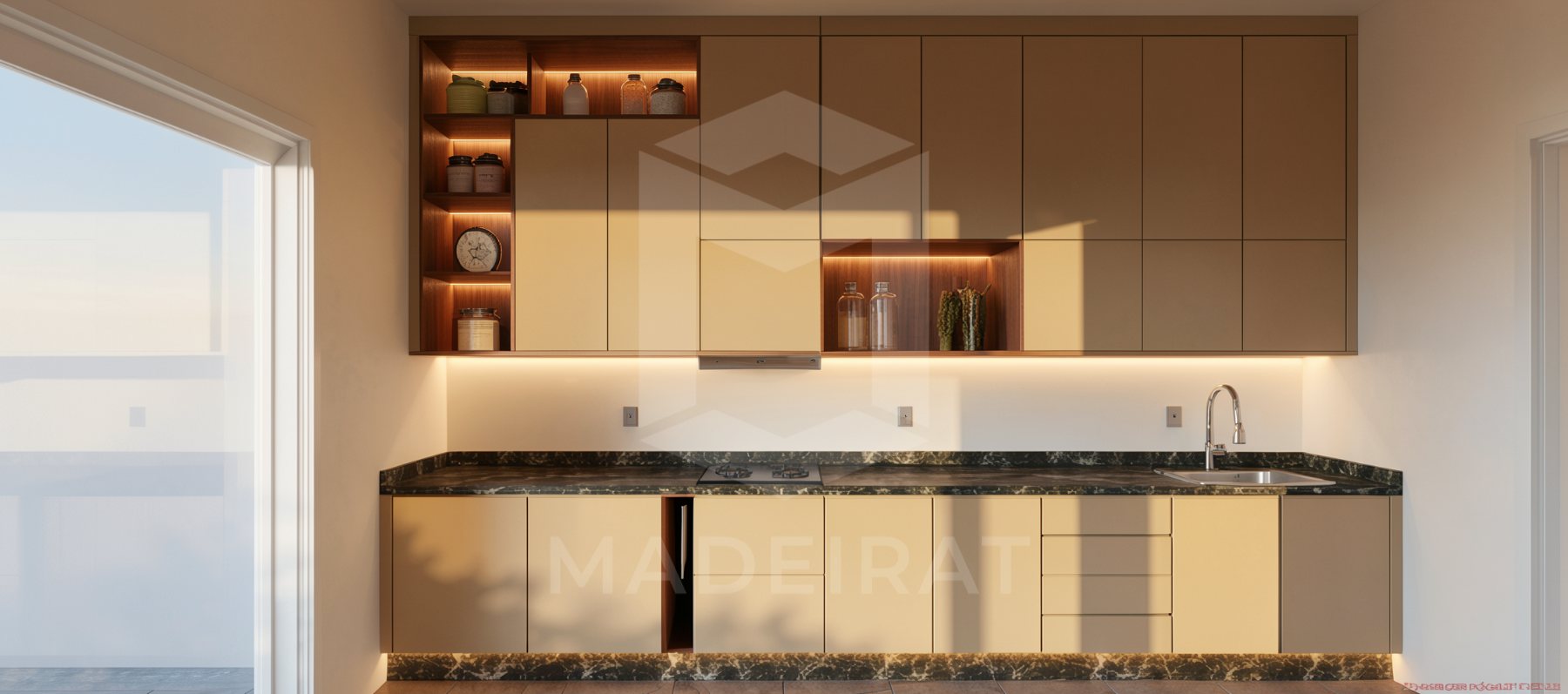 Cozinha em tons creme com painel de madeira imagem 2