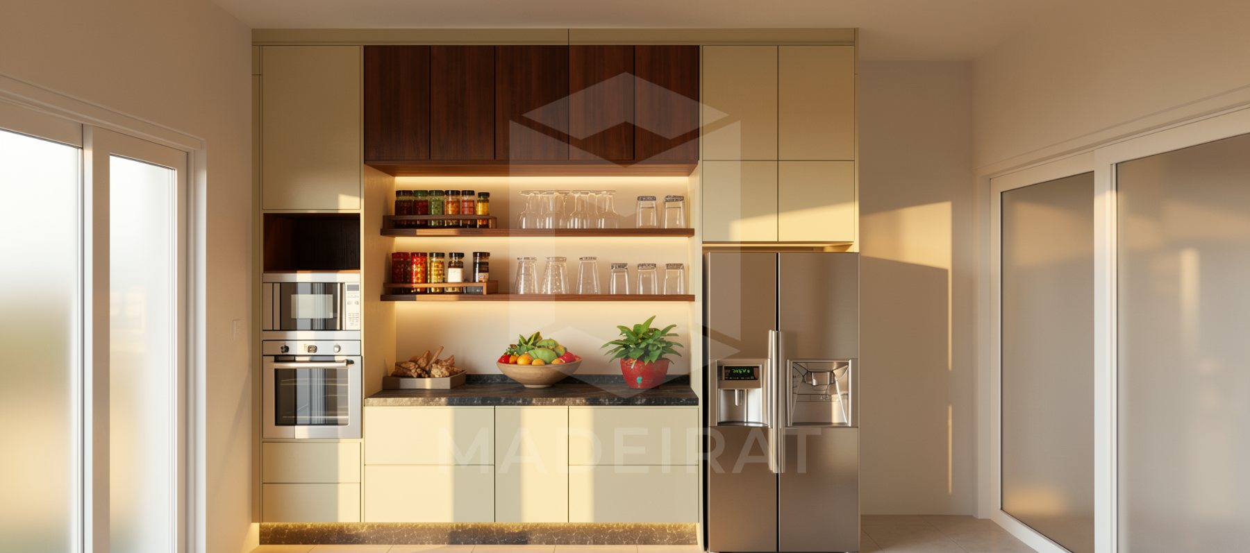 Cozinha em tons creme com painel de madeira imagem 1