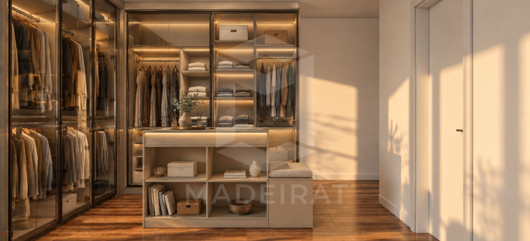 Closet com portas de vidro e ilha central imagem 1