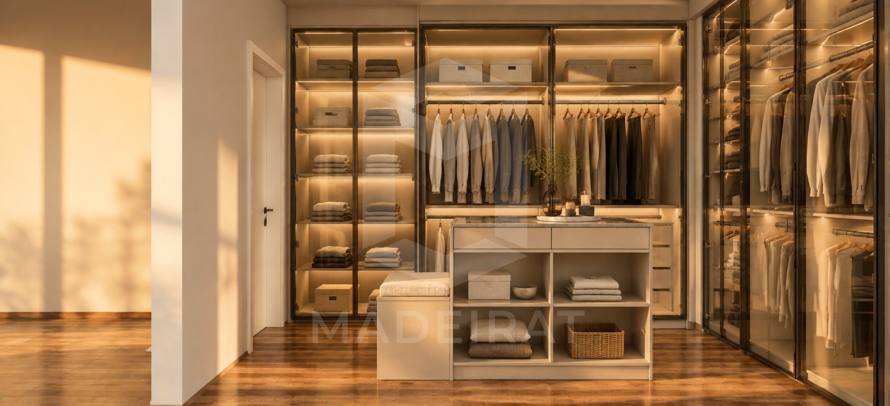 Closet com portas de vidro e ilha central imagem 2