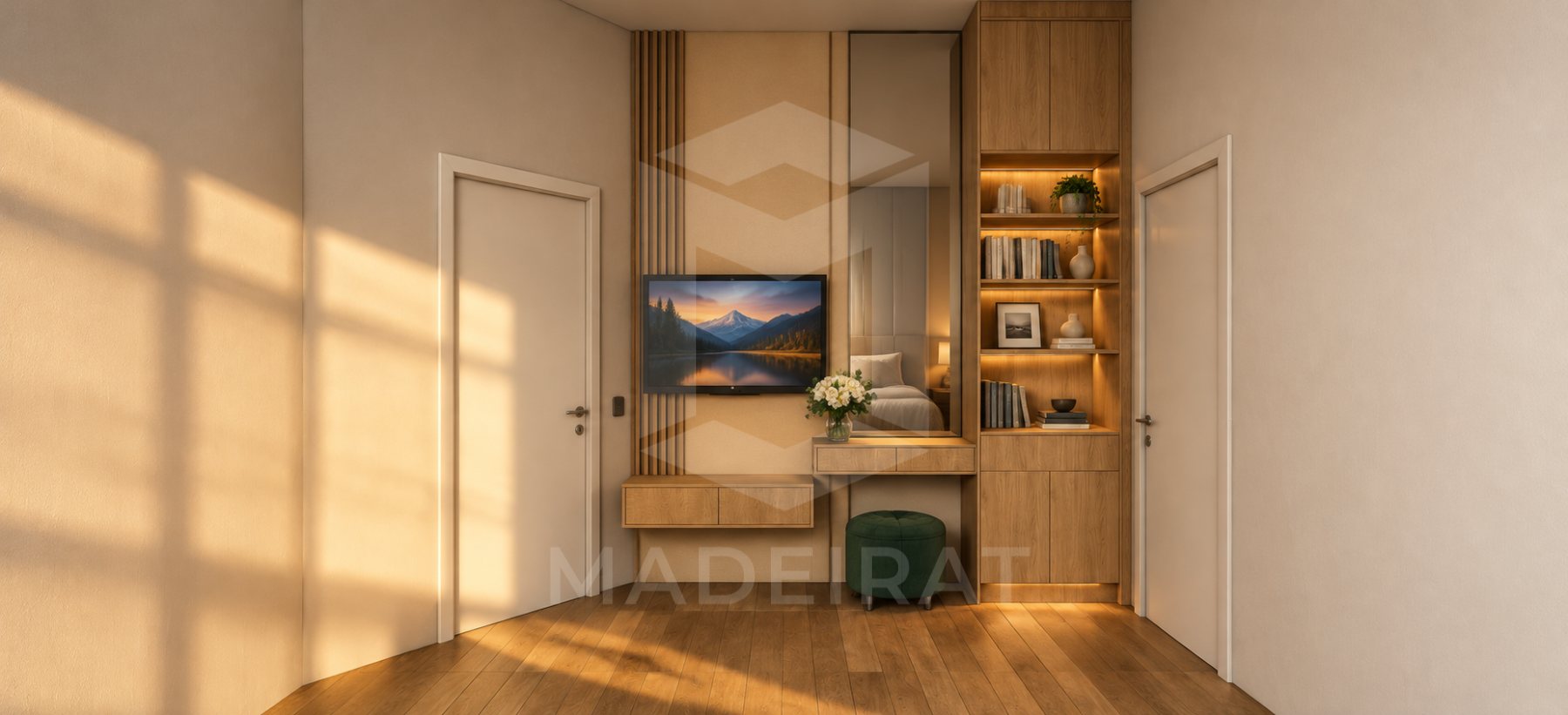 Quarto com painel de TV e ripado