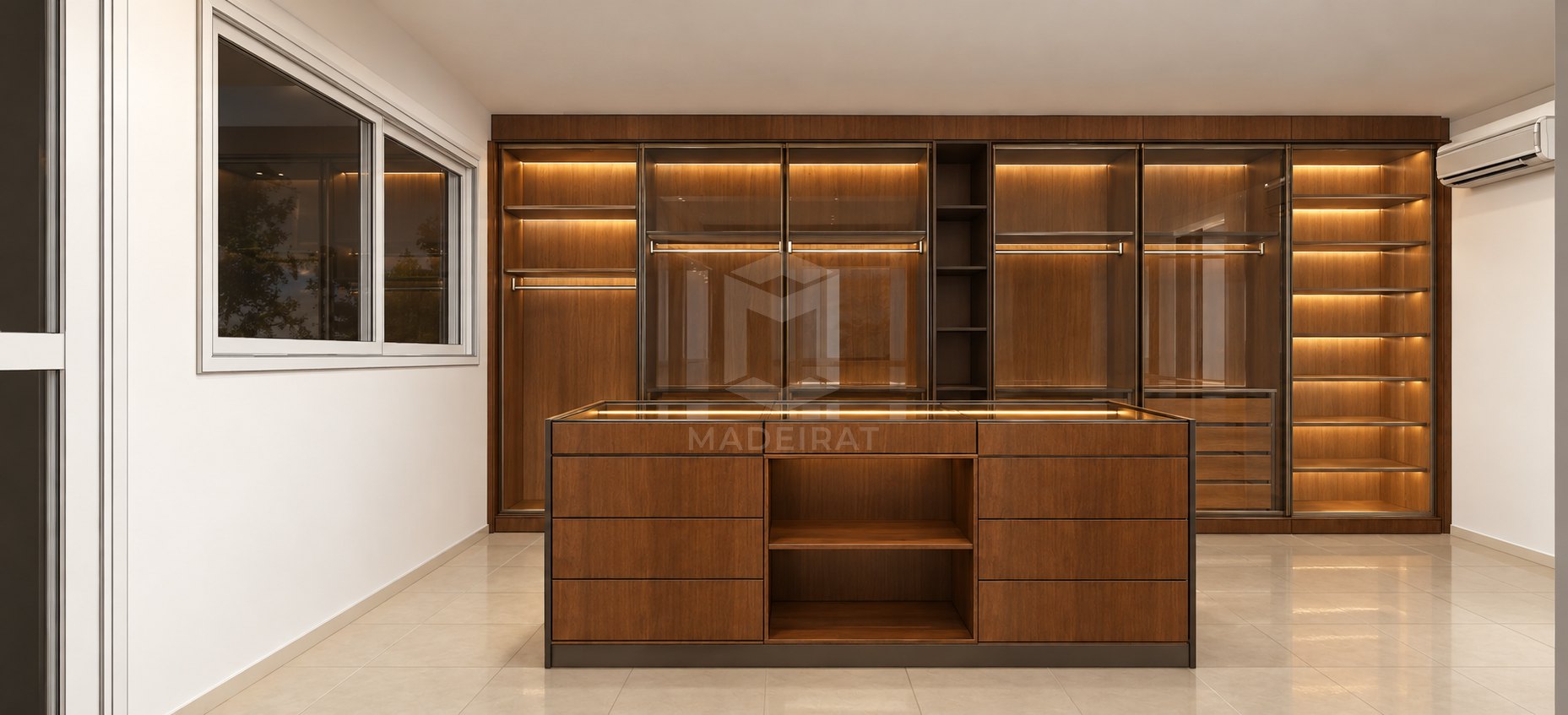 Closet em madeira escura com ilha central
