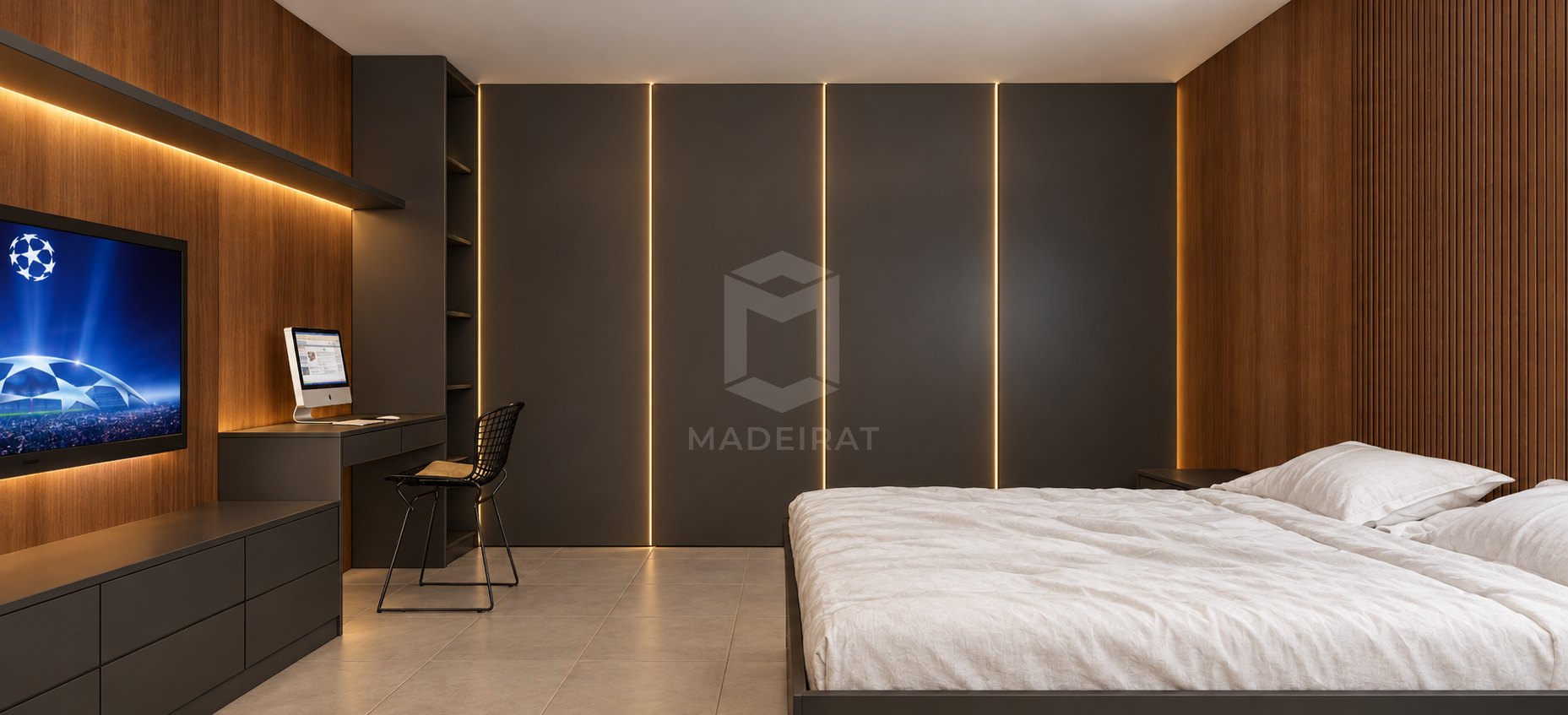 Quarto com roupeiro escuro e escritório