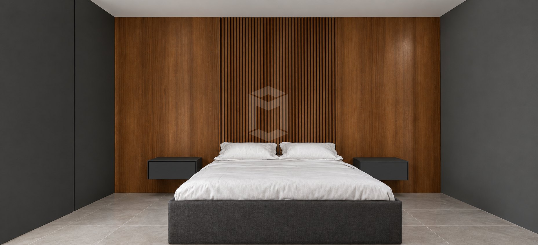 Quarto com painel ripado na cabeceira