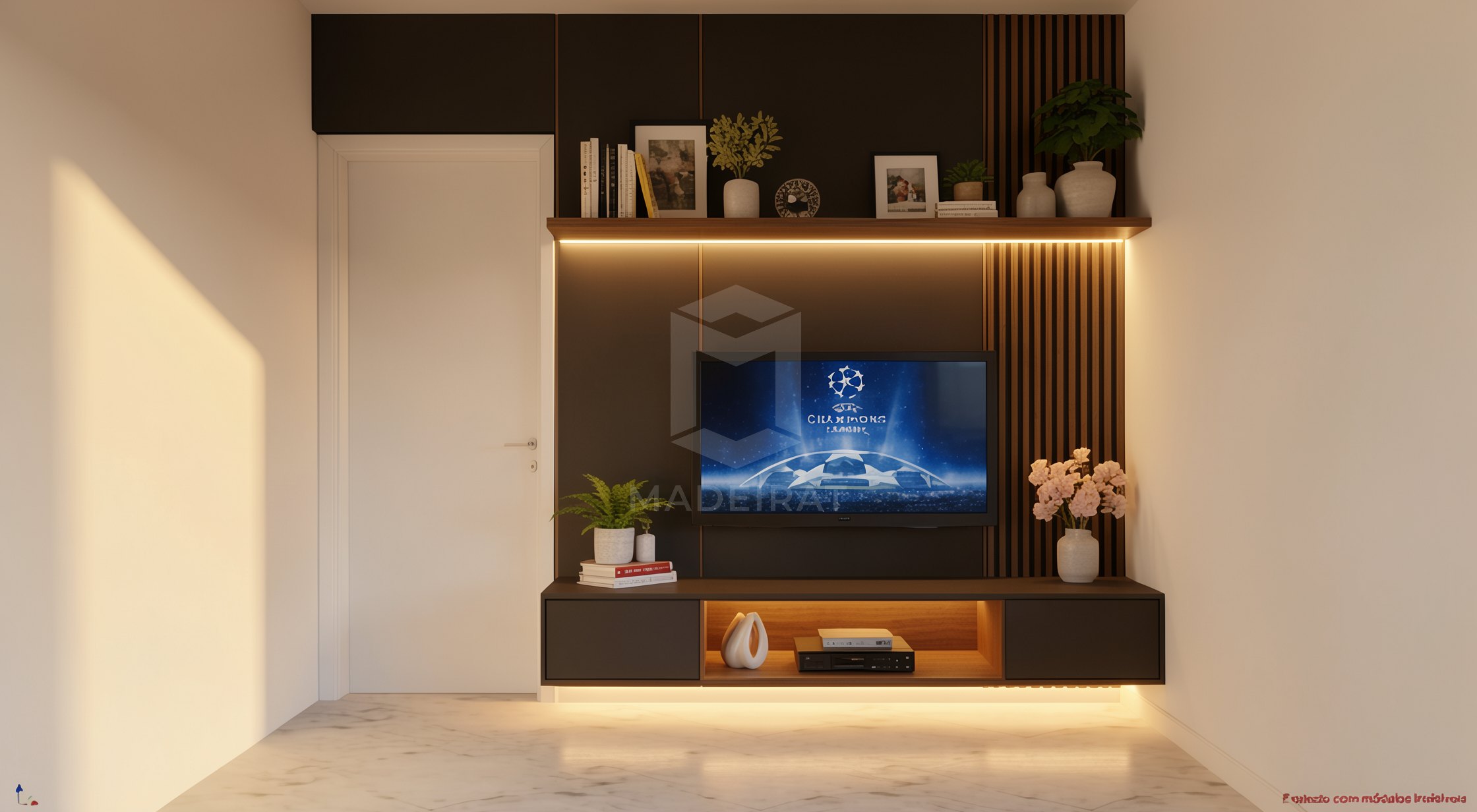 Sala com painel de TV escuro e ripado