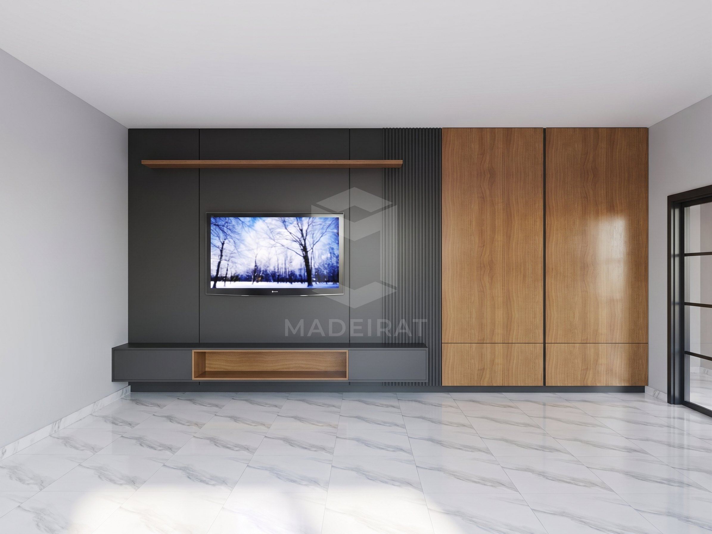 Sala com painel de TV cinza e roupeiro em madeira