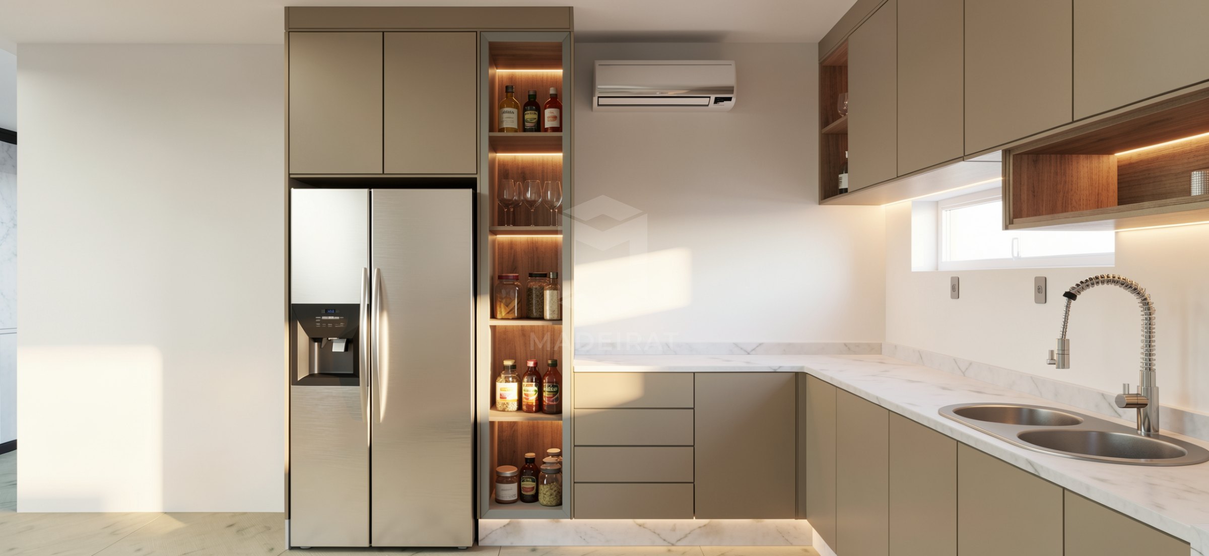 Cozinha em tom greige com bancada clara imagem 3
