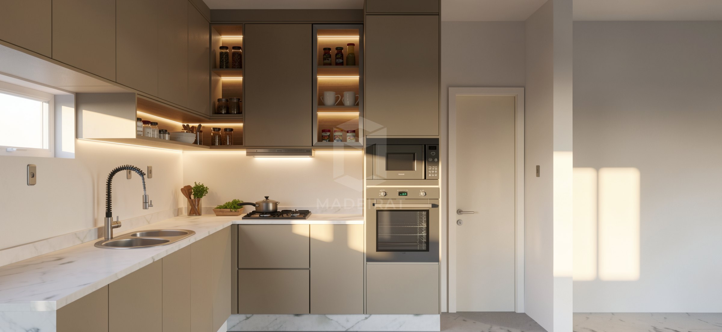 Cozinha em tom greige com bancada clara imagem 4