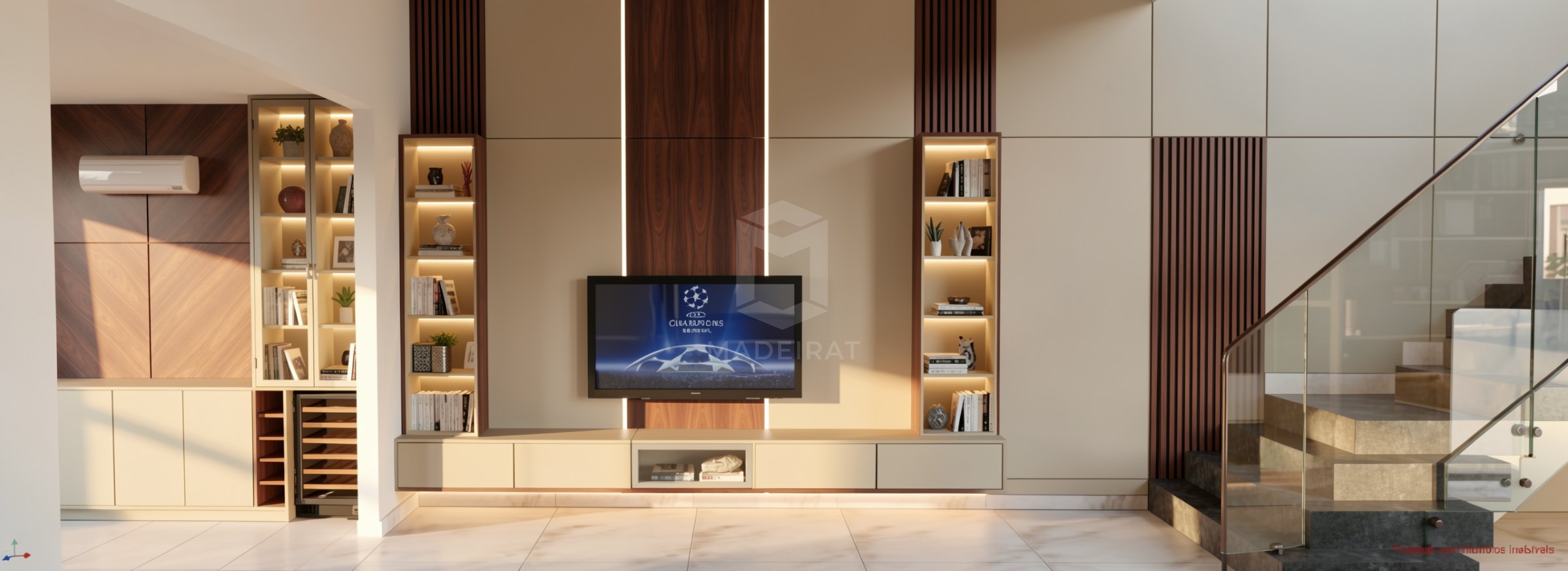 Sala com painel de TV e escada imagem 1