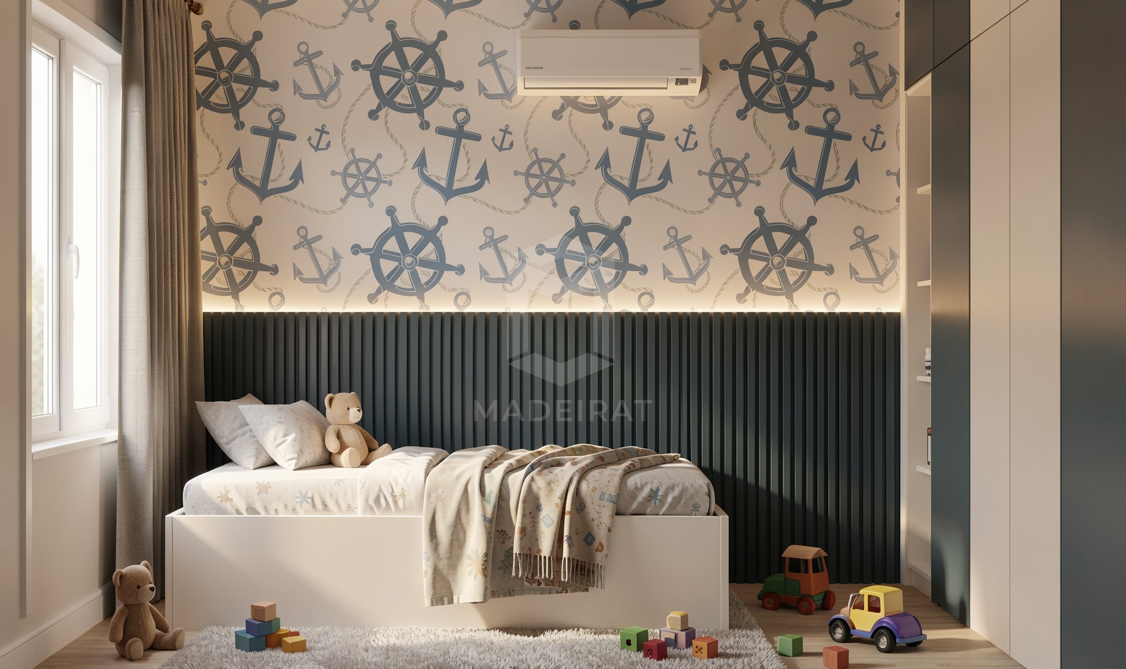 Quarto infantil com painel azul e roupeiro imagem 1