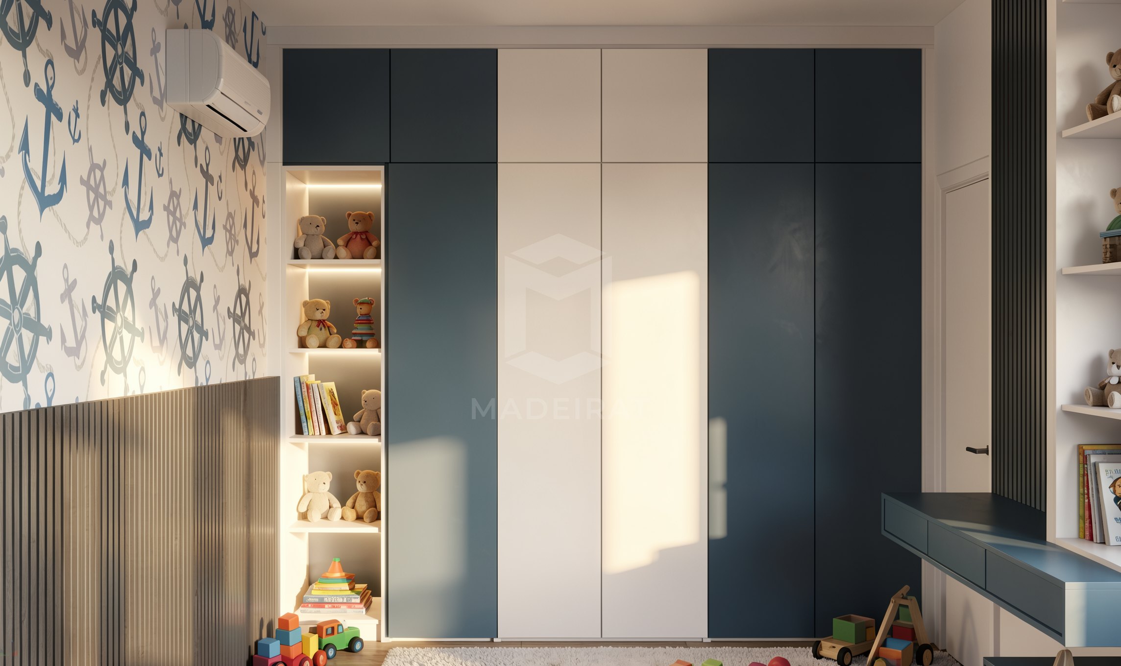 Quarto infantil com painel azul e roupeiro imagem 2