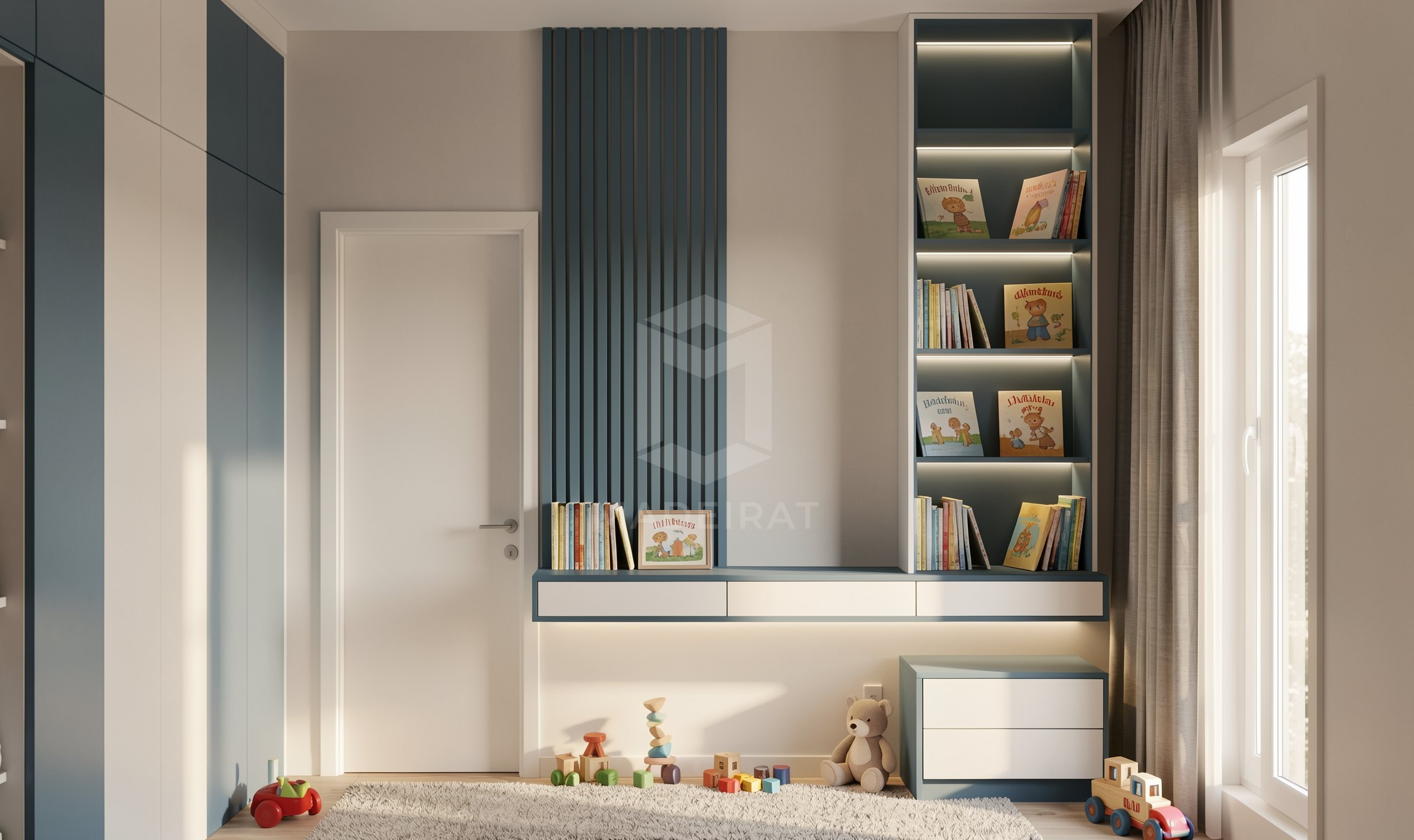Quarto infantil com painel azul e roupeiro imagem 3