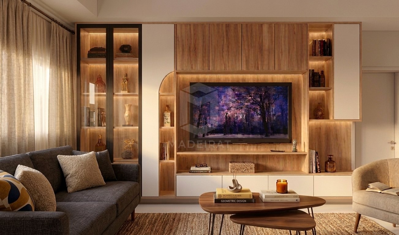 Sala com painel de TV em madeira imagem 1