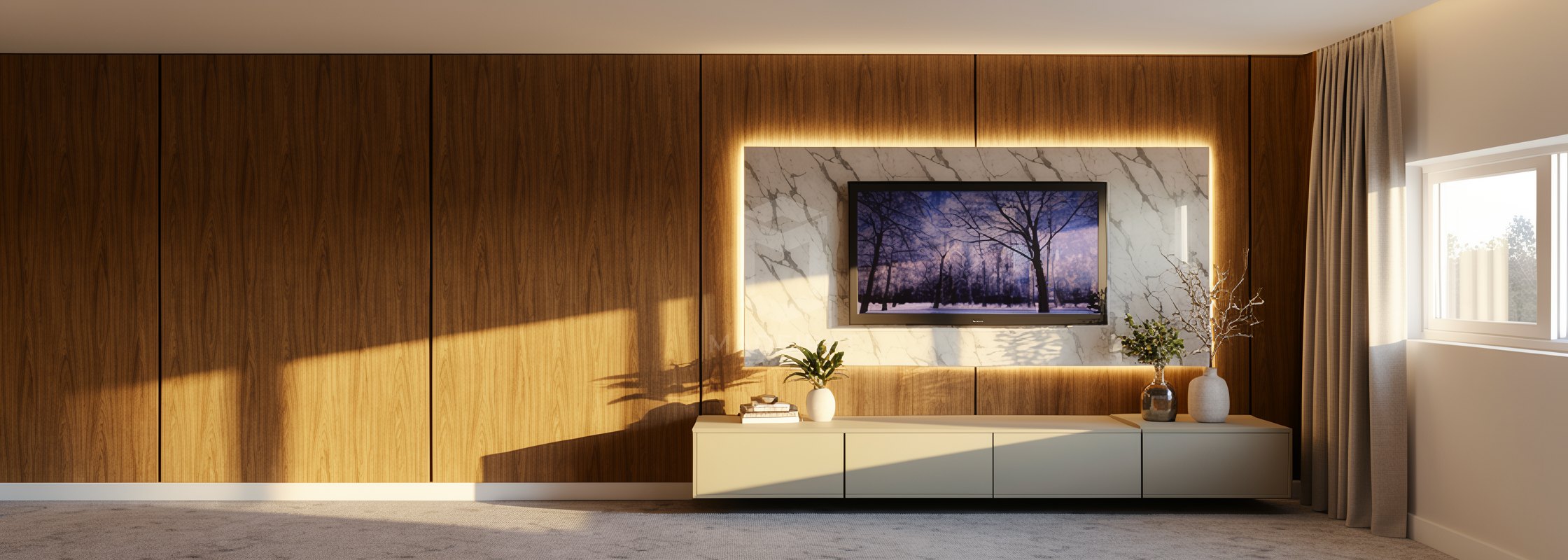 Sala com painel de TV em madeira imagem 2