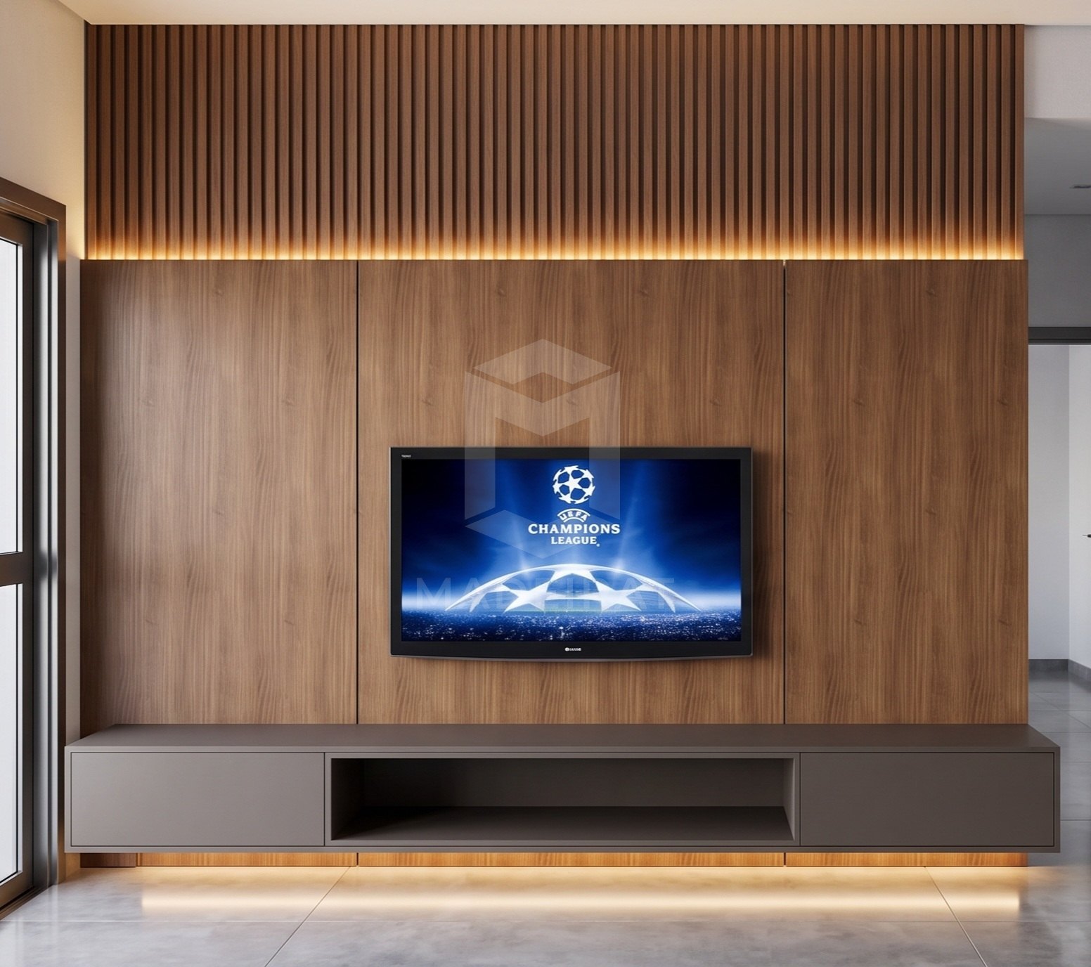 Painel de TV em madeira com ripado e LED