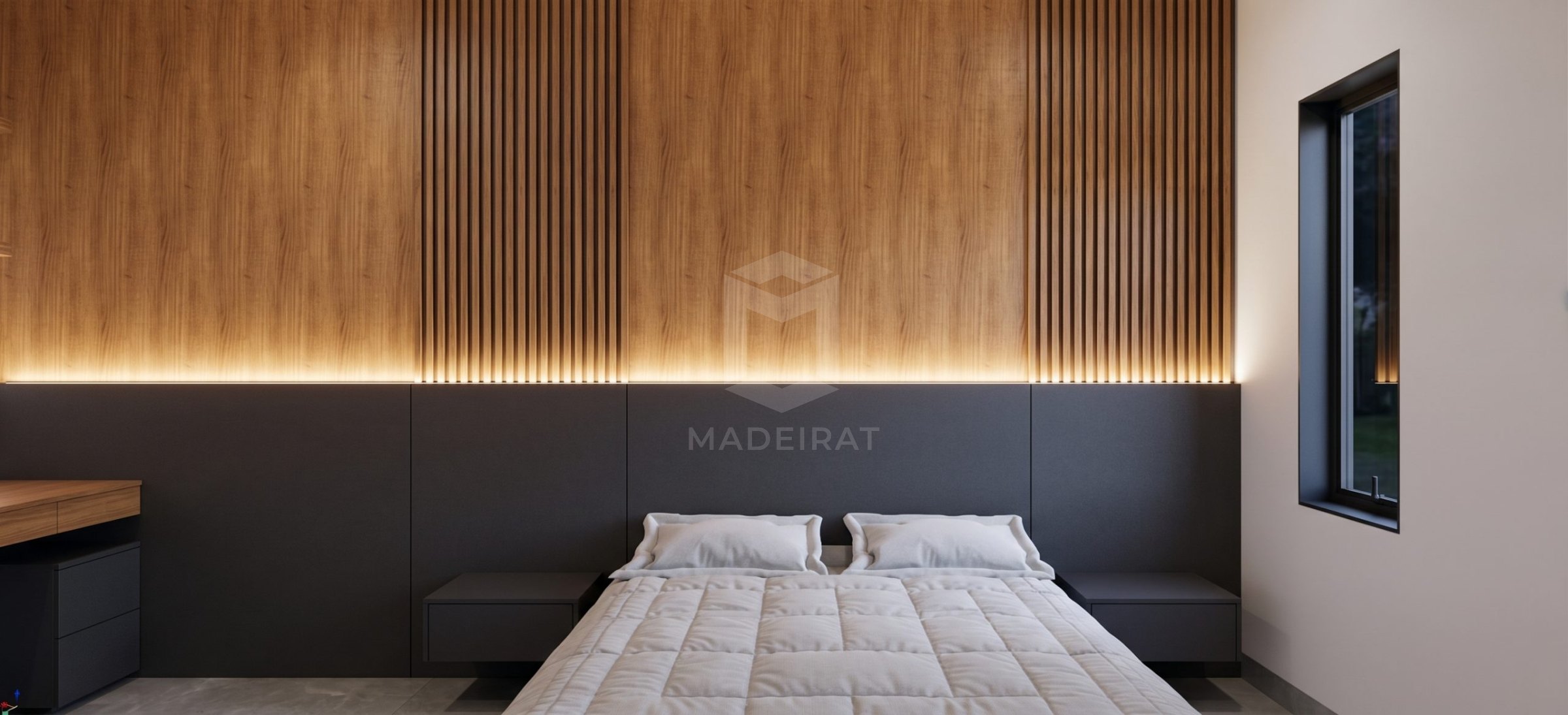 Cabeceira em madeira ripada com iluminação
