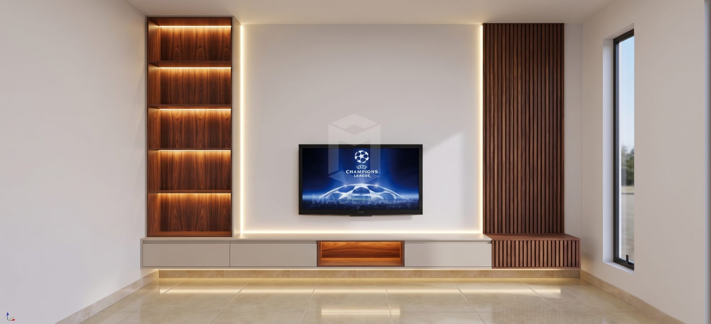 Painel de TV com nicho iluminado e ripado