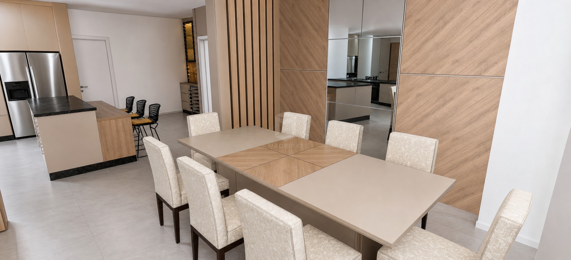 Projecto 3D de sala de jantar integrada com cozinha, painel de madeira, ripado e espelho